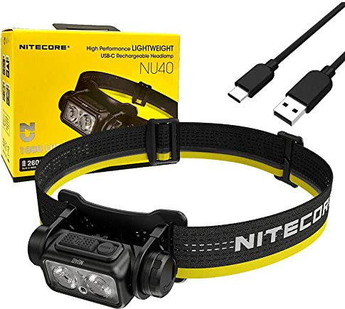 Nitecore NU40 Hochleistungs-Stirnlampe, leicht, USB-C, wiederaufladbar, 1000 Lumen, mit Eco-Sensa-USB-C-Ladekabel, Weißes