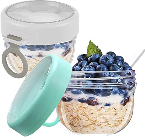 Grusce 2 PCS Reusable Overnight Oats Jar Container with Lids and Foldable Spoon, BPA Free Breakfast On the Go Cups Yoghurt Pots Cereal to Oatmeal Leak-Proof Food Storage Container(White+green)