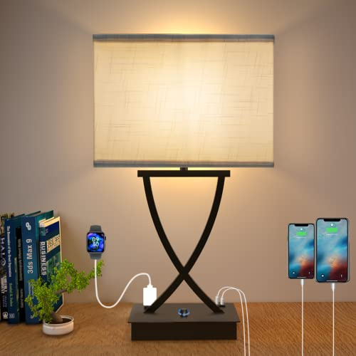 OYedis Fully Dimmable Medium Table Lamp for Bedroom with Type C/USB Charging Port and 1 AC Outlet White Shade 21.38 Bedside Nightstand Lamp for Bedroom Living Room Office and Hotel Bulb Included
