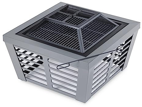 LIVIVO Veneziano 30 Steel Garden BBQ Fire Pit Brazier - Square Stove Outdoor Heater with BBQ Grill Insert and Safety Spark Guard - Matt Grey Finish and Geometric Design