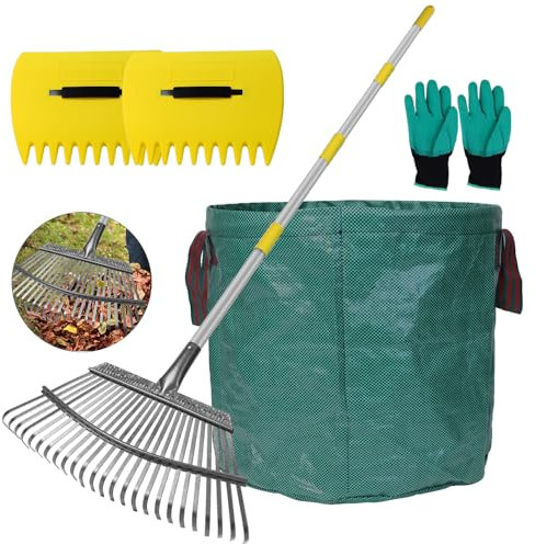 STANEW - Rastrillo Jardin Metálico de Acero con 25 Púas, Rastrillo con Guantes Antideslizantes para Barrer Hojas y Césped Cortado, 165 cm