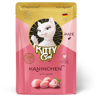 KITTY Cat Paté Conigli, 6 x 85 g, Cibo umido per gatti, senza cereali, con taurina, olio di salmone e cozze con labbra verdi, mangime completo ad alto contenuto di carne, Made in Germany
