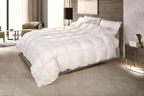 Vico Casa® VAL DI SOLE Piumino letto singolo MADE IN ITALY 155x215cm in piuma d’oca / 4 punti di calore; Piumone ad una piazza cucito a cassettoni, 100% cotone