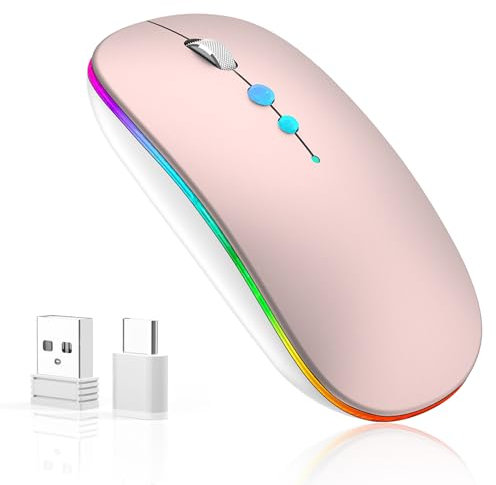 LED Kabellose maus für Computer,PC FunkMaus Tragbare Wiederaufladbar mit 2,4GHz USB/USB-C Dual Empfänger, DPI,Zurück Taste-kompatibel mit TypeC-Geräten/AppleMacBook Air/Pro,iPad,Laptop,Tablet(Rosa)