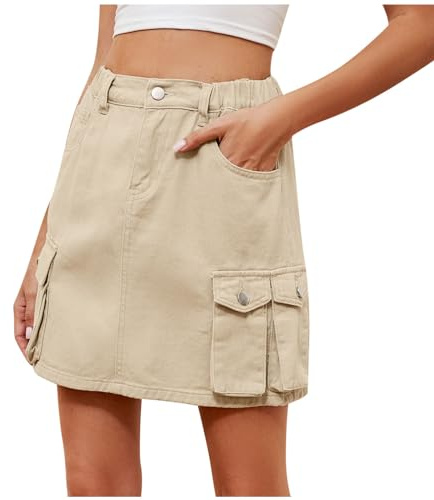 Minigonna da donna Y2K a vita bassa, da donna, gonna cargo corta estiva con tasche, cintura avvolgente, gonna a matita, gonna utile, per escursionismo, corsa, vacanze, spiaggia, liquidazione, Beige, S