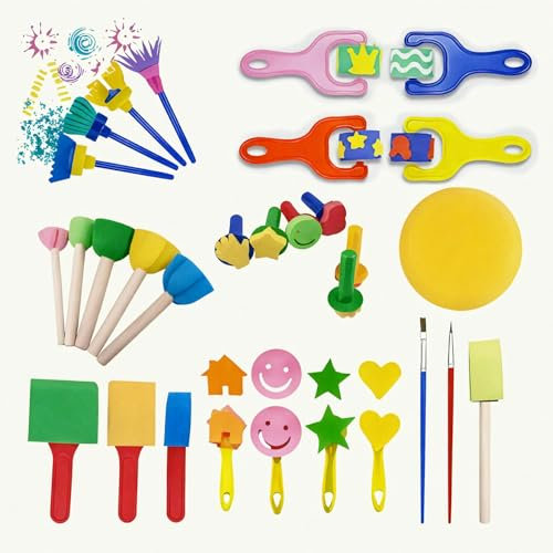 30 Stücke Malerei Schwamm Pinselset, Schwamm Malerei Pinsel Set,Kinder Malwerkzeuge Set,Kinder Früherziehung Lernen Zeichnung Werkzeuge Art Draw Tools für DIY-Kunsthandwerk-Zeichenwerkzeuge