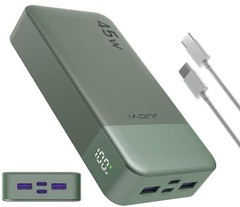 JUOVI Power Bank 20000mAh, 45W Caricatore Portatile Ricarica Rapida, PD QC 4.0 Batteria Esterna 4 Porte, con Display LED, caricabatterie portatile per MacBook, iPhone 15 14 13 Pro Samsung (Verde)