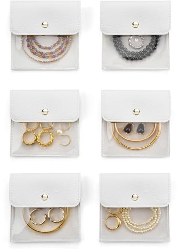 Popvibe 6 Pcs Mini Pouch Small Jewelry Bags Travel Clear Jewelry Storage Bag, Leather Jewelry Pouches for Traveling Velvet Transparent Jewelry Bags for Women, white