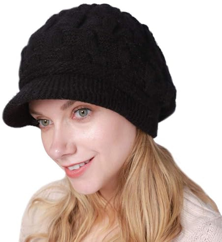 Beanie Hats for Women with Vior - Thermal Knitted Winter Hat Fleece Lined Ladies Beret Hat Warm Knitted Wool Hat Crochet UK (UK, Alpha, One Size, Black)