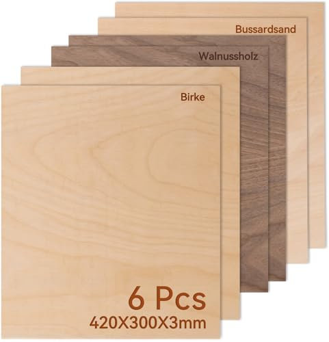 ROWOOD Lot de 6 plaques de contreplaqué 3 mm A3 420 x 300 mm en bois de noyer tilleul - Pour modélisme, découpe laser, gravure sur bois, peinture CNC