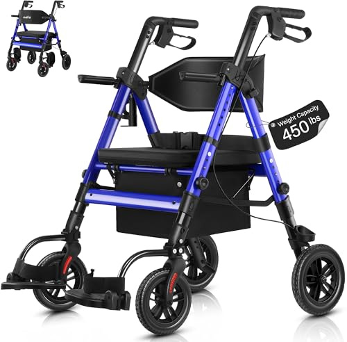 StrollAid Walkers for Seniors 2 in 1 Wheelchair Combo, 450 lb Foldable Rollator Transport Chair with Seat, Heavy Duty Rolling Walker 10 Wheels for All Terrain, Blue