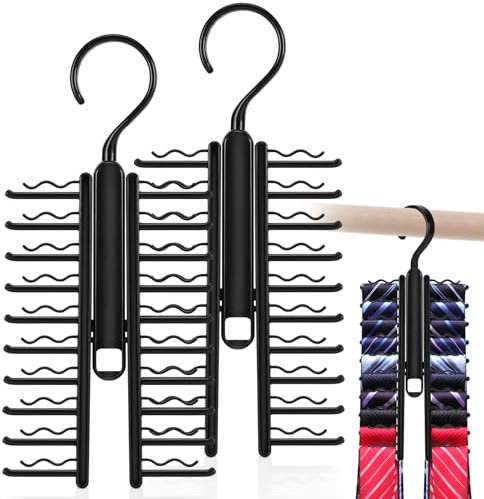 2 Stück Verstellbarer Krawattenhalter mit Rutschfestem Clip, Krawattenbügel Organizer für Krawatten, Gürtel, Schals, 360-Grad-Drehung, Schwarz