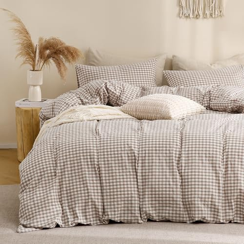 TOCOMOA Tan Gingham Duvet Cover Bedding Set 100% Washed Cotton Like Linen Feel Super Soft Comfy 3 Piece Brown Vintage Plaid Checkered Fall Comforter Cover Set (King 104x90, Comforter Not Included)
