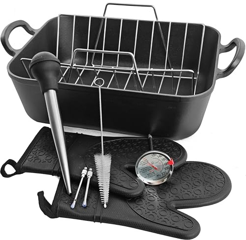16x13” Roaster pan with rack(Cast iron)-Clad Specialty, Chef's Classic Rectangular Roaster with Rack (Meat Thermometer)