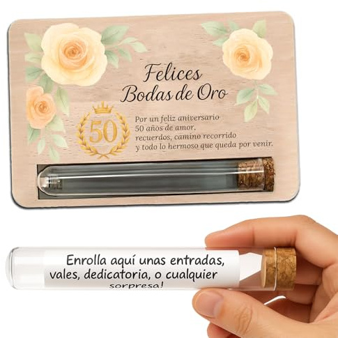 METACREART Tarjeta regalo en madera para 50 aniversario – Detalle con tubo sorpresa para mensajes, vales o recuerdos – Regalos para bodas de oro originales y personalizados
