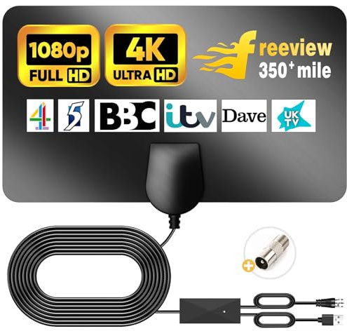 Antenna TV digitale a lungo raggio di 380 km, antenna TV HD amplificata per interni, per Freeview, supporto 4K 1080p (nero)