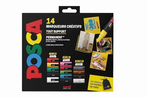 POSCA Confezione da 14 pennarelli per pittura PC-5M, punta media, colori assortiti opachi, pennarello permanente a base d'acqua, per carta, legno, vetro, tessuto e fai da te, sacchetto in omaggio