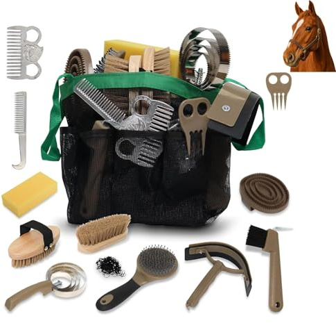 Kit de Cuidado para Caballos, 14 Piezas Juego de Cepillos para el Cuidado y el Baño con Peine de Crin y Cola, Cepillo Curry, Limpiacascos, Guantes y Bolsa de Malla