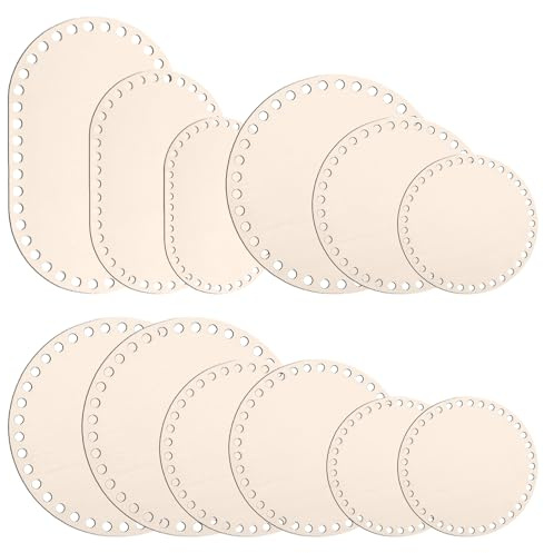 Rusokufo Juego De 12 Bases De Cesta De Madera – 6 Tamaños Redondas Y Ovaladas (10, 15, 20, 25, 30 Cm) Base De Madera De Tilo con Agujeros De 6 Mm para Tejer, Ganchillo Y Manualidades DIY