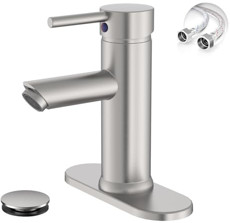 Brushed Nickel Bathroom Faucet, Greenspring 1 Hole Bathroom Sink Faucet, Single Handle Aerator Spout Lavatory Vanity Sink Faucet with Pop Up Drain and Overflow Mixer Tap Supply Line, Brass