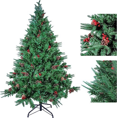 himaly 7FT/2.1M Christmas Tree with Pine Cones and Berries,PVC Artificial Christmas Tree with Metal Stand,Xmas Decoration Christmas Tree for Indoor Outdoor, Green