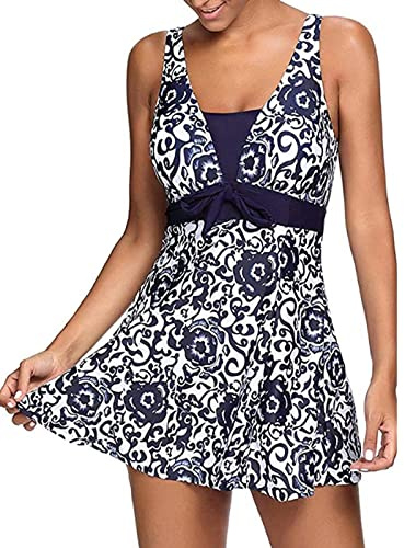 OAMEXNI Baddräkt i ett stycke för kvinnor, vadderad push-up, tankini med blomtryck, plusstorlek, strandkläder, bikini, strandklänning, djupblå, 3XL