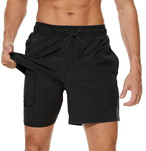 Arcweg Men's Swim Trunks Mens Swimming Shorts with Compression Liner Quick Dry Stretchy 2 in 1 Board Shorts with Zipper Pockets Black M (UK)