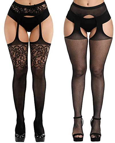 E-Laurels Women's Fishnet Tights Suspender Tights Garter Stockings High Waisted Suspender Pantyhose(Black, 0803)