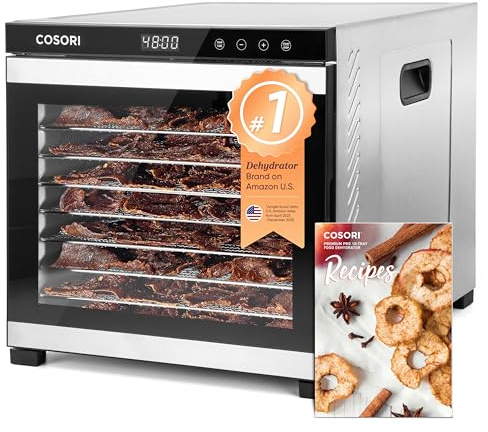 COSORI Food Dehydrator for Jerky, 10 Trays, 16.2ft² Drying Space, 165°F Temperature Control, 48H Timer, 1000W Dehydrator Machine, Stainless Steel, for Herbs, Fruit, Meat, and Yogurt, Silver