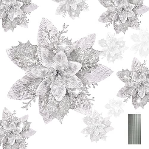 HCSSZ 12pcs Christmas Glitter Artificial Poinsettia Flowers with 12pcs Stems for Wedding Christmas Tree Faux Flowers New Year Ornaments Xmas Garland Wreath Decorations(Silver)