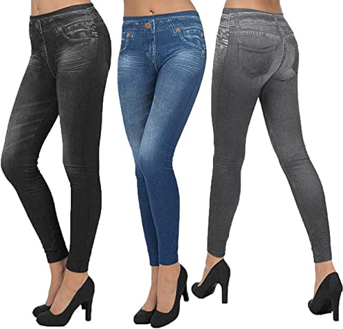 ShopINess Confezione da 3 Slim Jeggings da Donna Leggings Jeans Elasticizzati di Colore Blu Grigio Nero (S-M)