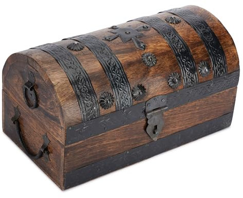 Ajuny Handcrafted Wooden Pirate Treasure Chest - Vintage Keepsake & Decorative Storage Box with Shell Strips, Large Jewelry & Trinket Holder Organizer Home Decor Gift 11x6 Inch