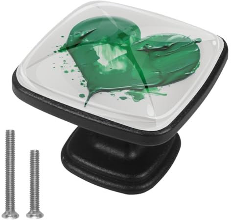 Instantly Update Your Cabinets with This Set of 4 Black Cabinet Knobs, Trendy Patterned Square Drawer Handles for Kitchen, Living Room, and Wardrobes, Green Heart Paint Pattern