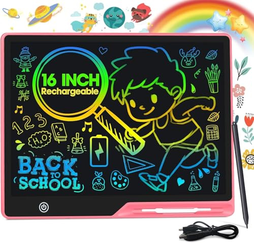 POPERFUN Tablette Dessin Enfant 16 Pouces Rechargeable, Ardoise Magique Multicolore, Protéger sa Vue Tablette d'écriture LCD, Convient aux Enfants âgés de 3-10 Ans Jouets Anniversaire, Cadeau de Noël