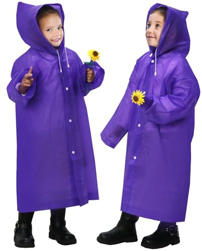 ANYOO Wasserdichte Regenponcho Regencape für Kinder, 2 Stück Regenmäntel Regenjacken mit Kapuze und Lang Ärmeln für Mädchen Jungen Größe 110–150 cm Wandern, Campen, Reisen, Lila