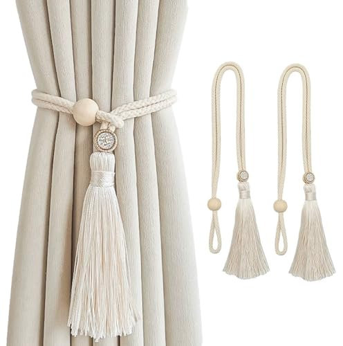 SanKristo 2 Piezas Abrazaderas Cortinas de Cuerda de Algodón Natural, Bohemio Lazos Cuerda Cortina con Hebilla de Cristal Ajustable, Cortina Tejidas a Mano con Colgante de Borla(Beige)