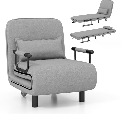 KOMFOTT Convertible Chair, Sleeper Chair with 5-Position Adjustable Backrest & Lumbar Pillow, 2 Hidden Metal Legs & 2 Lockable Casters, Comfy Chaise Lounge for Living Room & Home Office, Grey