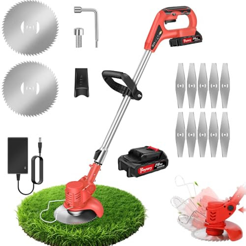 Akku-Rasentrimmer, 21V Akku-Trimmer Einstellbarer Kopfwinkel, 1500mAh Wiederaufladbare Batterie, Verstellbarer Griff 84-120cm, Elektrischer Rasentrimmer für Rasen Garten Beschneiden, Rot