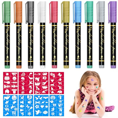 Penna per Tatuaggi Temporanei 10 Tattoo Pen per Pelle con 8 Stencil Tattoo, Kit Pennarelli Tatuaggi Temporanei Bambini per Ragazzo, Ragazza, Carnevale, Halloween, Natale, Feste di Compleanno