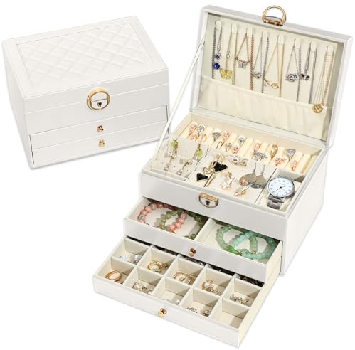 Granbest 3 Schichten Schmuckkästchen mit 2 Schubladen, Elegante Schmuckkasten, Leder Schmuckbox Ideal für Halsketten, Armbänder, Ringe und Ohrringe (Weiß)