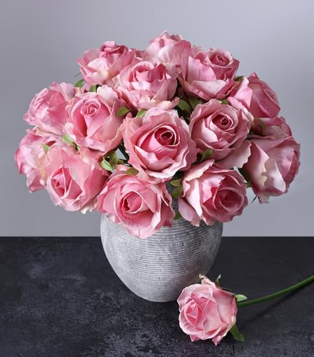 Ivydale 18pcs Pink Roses Artificial Flowers, Fake Roses Silk Flowers with Stems Realistic Bouquet for Wedding Party Mother's Day DIY Centerpiece Floral Romantic Gifts
