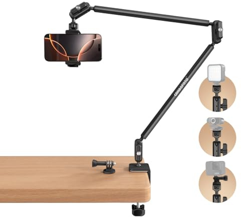 CAMBOFOTO Bras magique de 83,8 cm avec pince de bureau, support de caméra aérienne, support de téléphone de bureau, bras articulé extra long avec vis de 6,35 mm, pour téléphone, micro, lumière