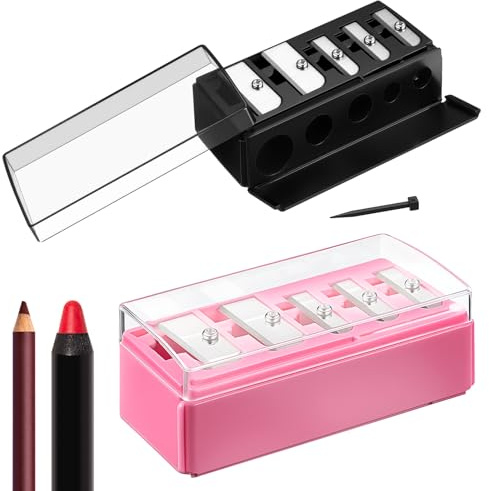 Honoson 2 Pcs 5 Hole Cosmetic Long Point Manual Pencil Sharpener with Plastic Lid Makeup Eyeliner Pencil Sharpener (Deep Pink)