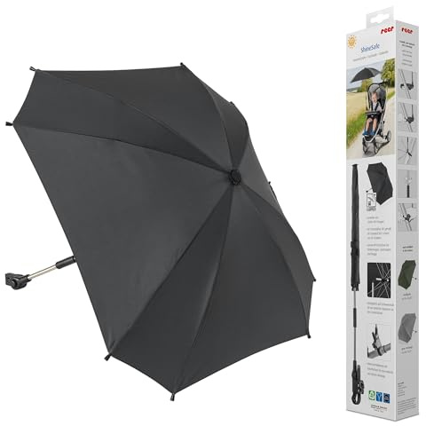 reer ShineSafe Kinderwagen-Sonnenschirm | UV-Schutz (UPF 80+) | universal passend für Kombi- & Sportwagen | Sonnenschutz mit Drehgelenk | aus 100% rPET-Pongee | Einfache Anbringung | Schwarz