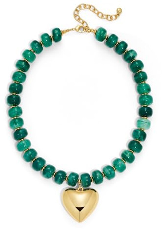 LILIE&WHITE Green Chunky Beaded Necklaces for Women with Gold Puffy Heart Pendant Necklace Stylish Summer Statement Collar Jewelry Accessories