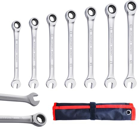 CCLIFE spärrnyckel set 7 delar 8–19 mm 72 tänder Cr-V med ficka | 2-i-1 ringspärr och gaffelnyckel av Cr-V, 72-tandmekanik, 8-19 mm med väska för bilreparation och verkstad