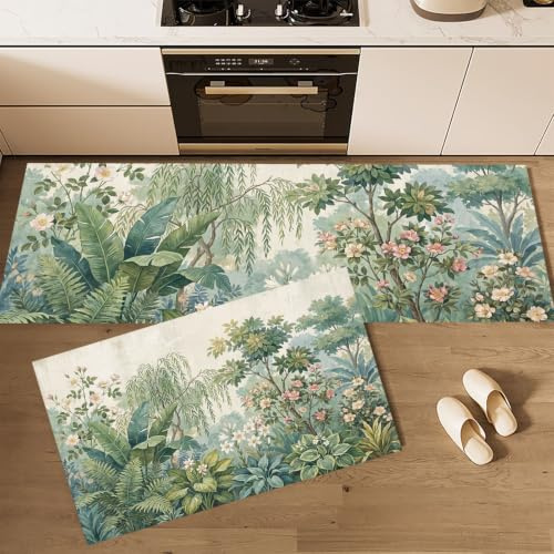HASLEFND Set di 2 tappeti da cucina Piante fresche Salice a foglie di banano, tappetini da cucina per la decorazione della casa e l'ufficio, antiscivolo(Verde, 40x60+40x120cm)