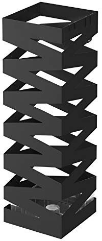 SONGMICS Porta Ombrelli in Metallo, Contenitore per Ombrelli Quadrato con 4 Gancetti e Vaschetta Scolapioggia Rimovibile, 15,5 x 15,5 x 49 cm, Nero LUC16B