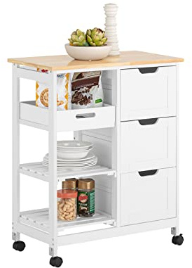 SoBuy Carrello Cucina con 3 Cassetti e 1 Cestino, Mobiletto Cucina Salvaspazio con 4 Ruote Girevoli, Credenza Cucina o Bagno, Mobiletto Cucina Dispensa, L68 x P38 x A85 cm, Bianco FKW79-W