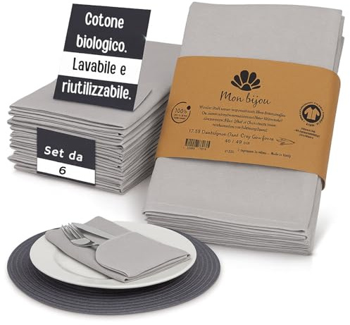 mon bijou® Set 6 Tovaglioli di Stoffa Grigio Chiaro 45x45 cm – 100% Cotone Biologico Certificato GOTS – Lavabili Riutilizzabili Sostenibili – Ideali per Natale Pasqua Cucina Tavola Festiva